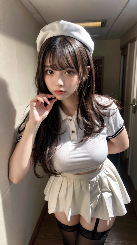 muste piece, best quality, illustration, Super detailed, fine details, High resolution, 8K,wall paper, perfect dynamic composition,(Details High quality, realistic depiction of eyes:1.3), Hospital Rooms、White nurse cap、White tights、White nurse uniform、to stand、Hand skirt、Flipping up a white skirt, large breasts,short bob hair, black hair color, Big Natural Color Lip, bold sexy pose, crying a little、cold gaze, Harajuku style、20 year old girl、cute type、lolita、beautiful legs, hposing Gravure Idol