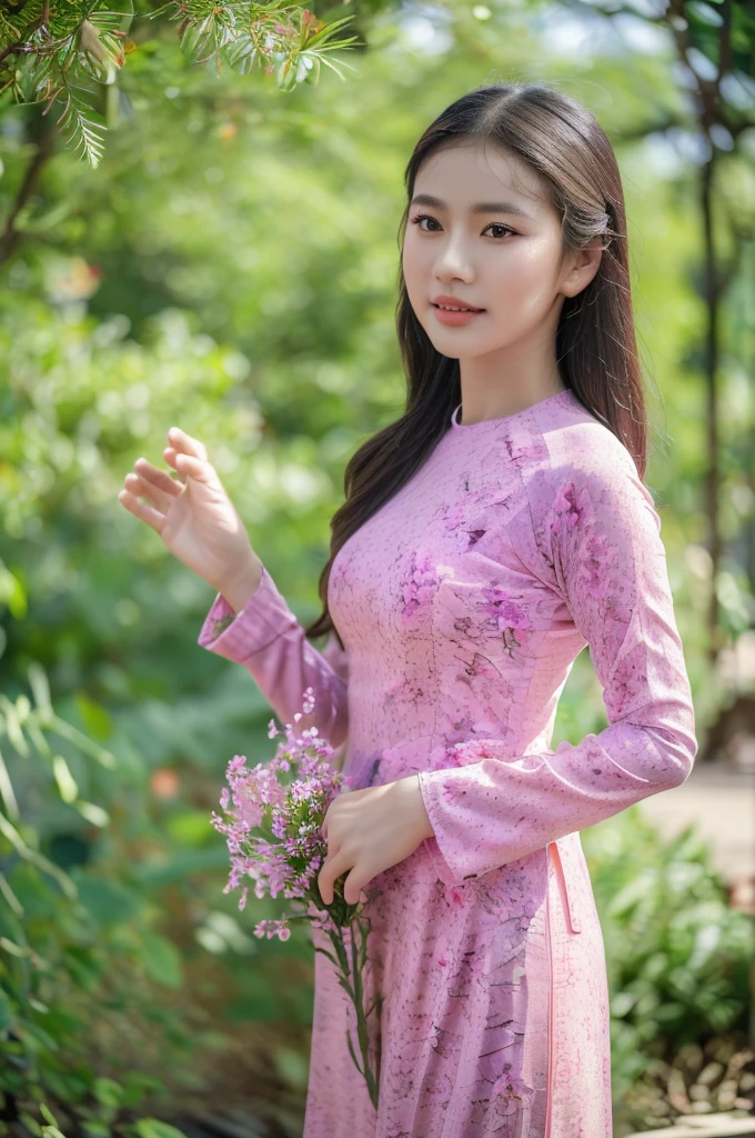 (best quality,4k,8k,highres,masterpiece:1.2),ultra-detailed,realistic,close-up portrait of an Asian girl wearing purple Vietnamese Ao Dai,beautiful detailed hair,lively colors,graceful pose,elegant atmosphere,vibrant flowers,soft sunlight,nostalgic vibes,sunlit cobblestones, ancient street,ancient architecture.