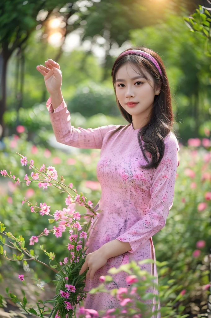 (best quality,4k,8k,highres,masterpiece:1.2),ultra-detailed,realistic,close-up portrait of an Asian girl wearing purple Vietnamese Ao Dai,beautiful detailed hair,lively colors,graceful pose,elegant atmosphere,vibrant flowers,soft sunlight,nostalgic vibes,sunlit cobblestones, ancient street,ancient architecture.
