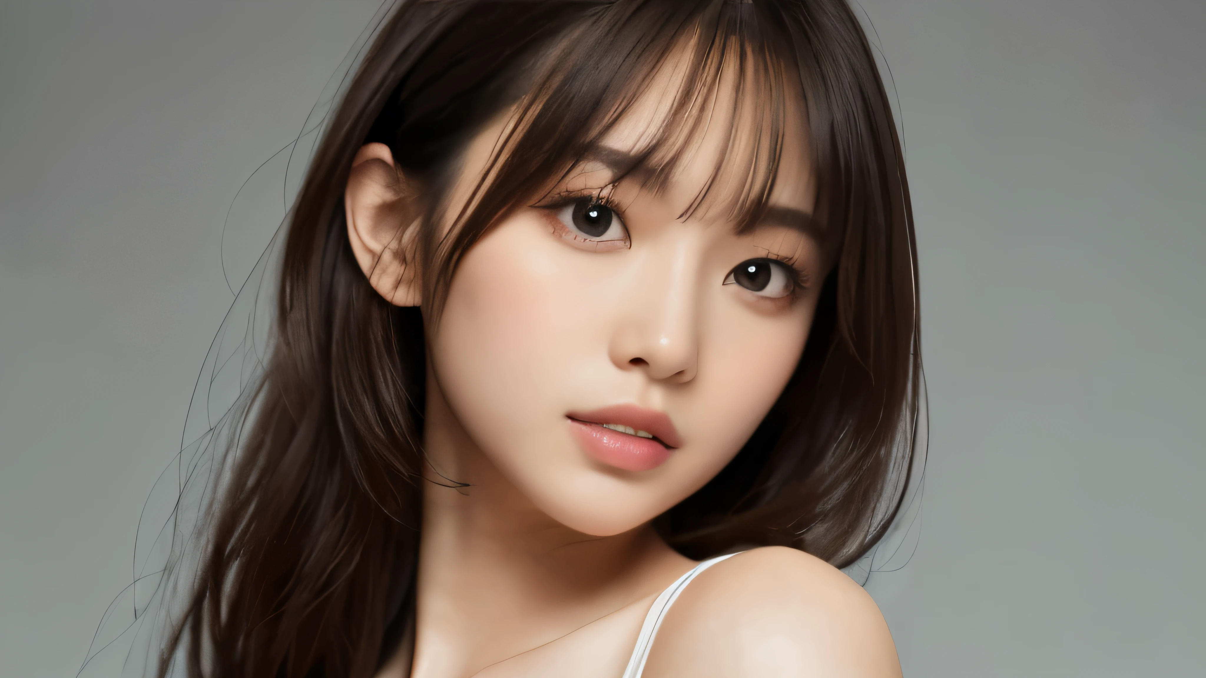 (masterpiece:1.2,highest quality),((White background)),((Photographed with an ultra-wide-angle single focus lens)),depict the upper body,ung woman,((suit)),(Big Breasts),((Look to the side)),Black wavy hair,((Fine and beautiful eyes)),blushed,Healthy Skin,(smile),8k resolution