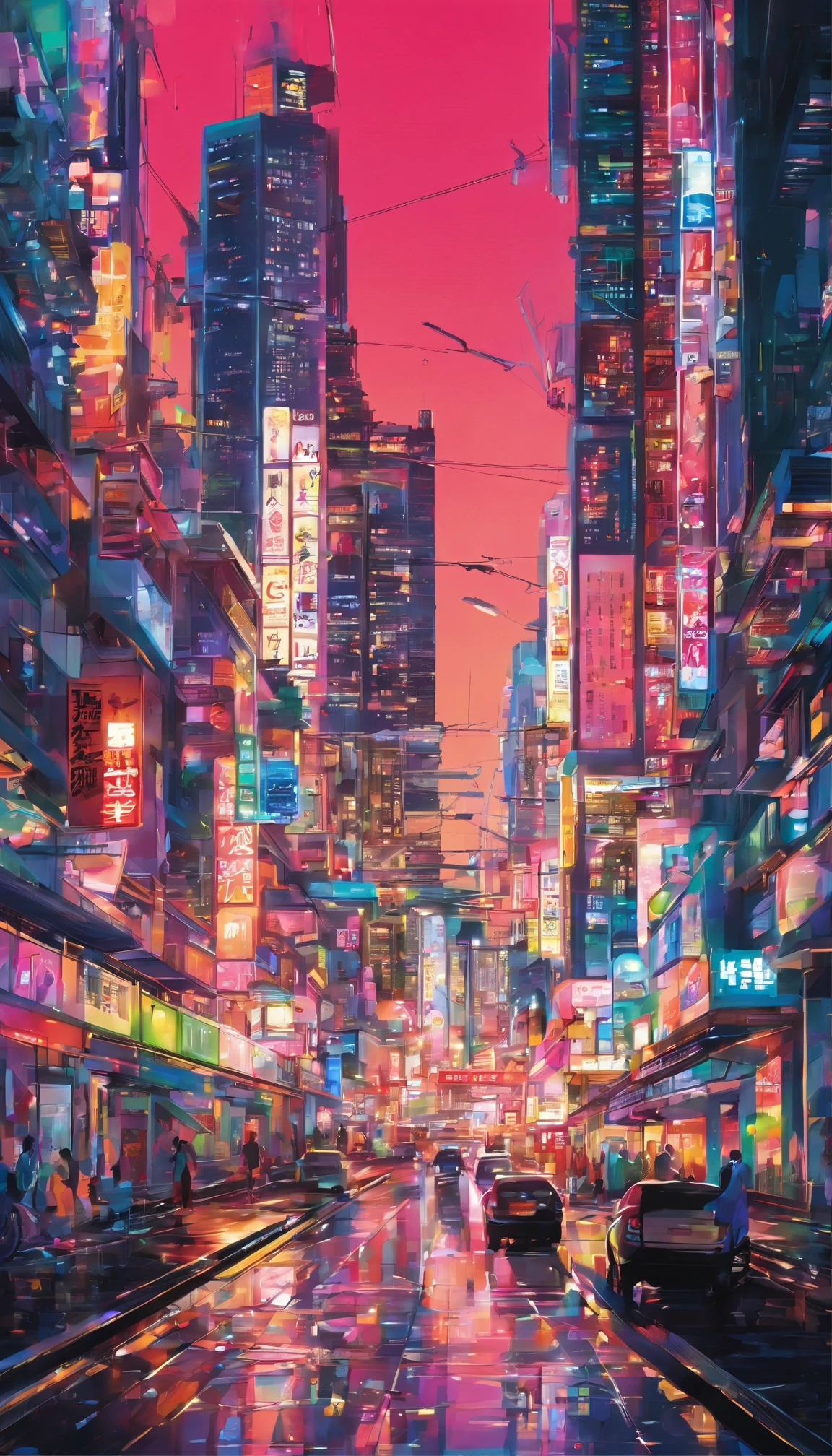 an anime-style interpretation of a vibrant cityscape at night. Neon lights illuminate towering skyscrapers, casting a colorful glow over the bustling streets below. People of all walks of life hurry along the sidewalks, while futuristic vehicles zip through the air. A sense of energy and excitement fills the air, making the city feel alive and dynamic