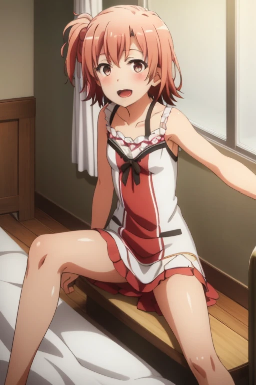 ((highest quality)), ((masterpiece)), (be familiar with), Perfect Face, indoor, Bedroom, Watching the audience,
One woman, Yuigahama Yui,
Open Mouth, Ecstatic expression, blush, smile,
Small breasts, Flat Chest, Young Girl, , , Girl,
Short Hair, Salmon-colored hair, Salmon-colored eyes, Side Pony,
Leg spread,