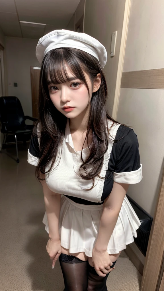 muste piece, best quality, illustration, Super detailed, fine details, High resolution, 8K,wall paper, perfect dynamic composition,(Details High quality, realistic depiction of eyes:1.3), Hospital Rooms、White nurse cap、White tights、White nurse uniform、to stand、Hand skirt、Flipping up a white skirt, large breasts,short bob hair, black hair color, Big Natural Color Lip, bold sexy pose, crying a little、cold gaze, Harajuku style、20 year old girl、cute type、lolita、beautiful legs, hposing Gravure Idol