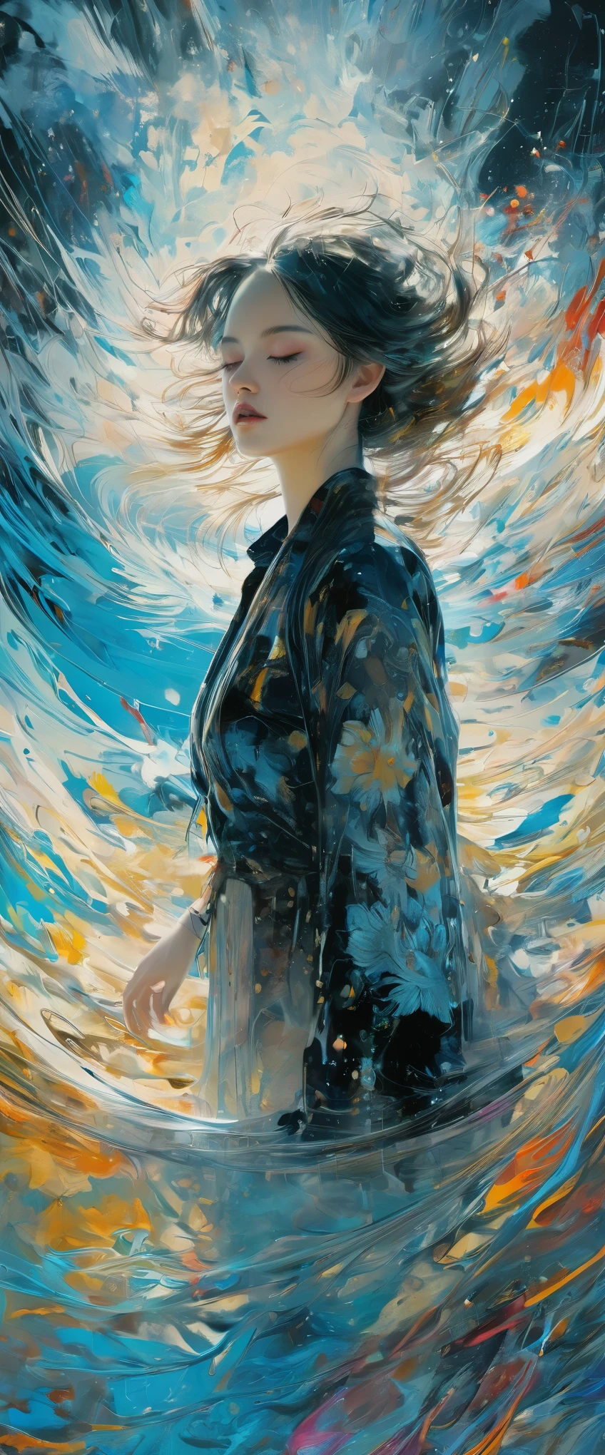 Abstract Expressionism Abstract Beauty,(Black transparent， Lace),Flotation，(((Looking at the camera))),Nearly perfect,Dynamic,moonlight,Very detailed,number,Art Station,concept art,Smooth,Clear focus,illustration,Artwork by Carne Griffiths and Wadim Kashin . Vibrant brushwork, Bold Colors, Abstract Form, expressive, emotion, official art,Unity 8K wallpaper,Super detailed,Beautiful and beautiful,masterpiece,best quality,(zendispute, Mandala, dispute, endispute),(Fractal Art:1.3),1 Girl,(Medium chest extremely detailed),((Cowboy shooting:1.5)),Chaos in its most beautiful form,elegant,brutalist design,bright colors,,by James Jean,Robbie Devi Antonio,Ross Chen,French Bacon,Michael Mraz,Adrian Genius,Petra Cottwright,Gerhard Richter,Takato Yamamoto,Ashley Wood,atmosphere,The ecstasy of notes,Streaming notes are visible,