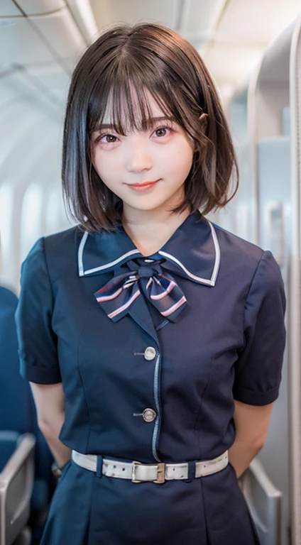((((Whole body 1.4)))),Body facing the viewer、Front shot,Small breasts、Are standing、highest quality, 8k, 15-year-old student, Teen, RAW Photos, Absurd, Award-winning portraits, mouth, alone, night, neon, Idol&#39;Face, Viola Lace, Gardenia, Delicate girl, Digital single-lens reflex camera, Looking at the audience, Frank, Sophisticated, Zola々right, Thin arms, Professional Lighting, Film Grain, chromatic aberration, (Eye and facial details:1.0), (Bokeh:1.1) , ,short hair、Cabin Attendant Costume,Cabin attendant uniform mini skirt,Inside the plane