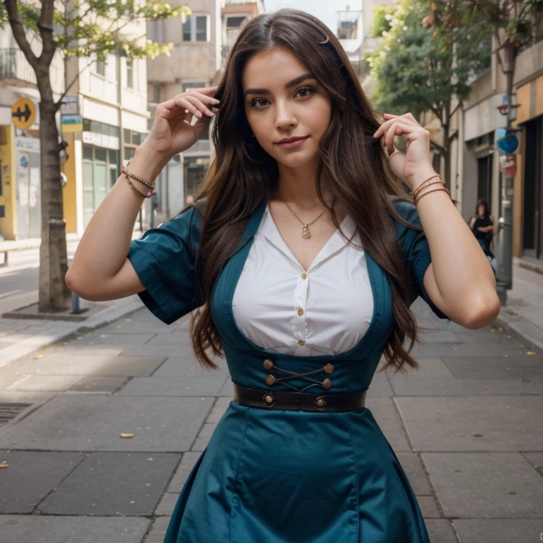 ((La mejor calidad)), ((Obra maestra)), (Detallado), Cara perfecta, hiperrealista, athletic build woman,vampire fiel, Beauty vampire, Big , pelirroja,cabello larga,cabello ondulado, vestida de manera casual, ojos verdes, ojos con mirada profunda, coy smile, nerd, haciendo actividades cotidianas de influencer , cosplay, anime dress, vintage, genshin impact cosplay, minivestido, elegante, cadena, pulsera, haciendo actividades cotidianas por la ciudad