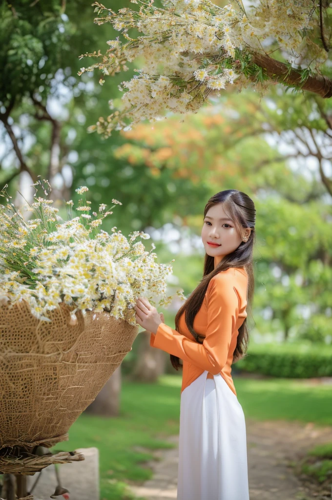 (best quality,4k,8k,highres,masterpiece:1.2),ultra-detailed,realistic,close-up portrait of an Asian girl wearing orange Vietnamese Ao Dai and white pants,beautiful detailed hair,lively colors,graceful pose,elegant atmosphere,vibrant flowers,soft sunlight,nostalgic vibes,sunlit cobblestones, ancient street,ancient architecture.