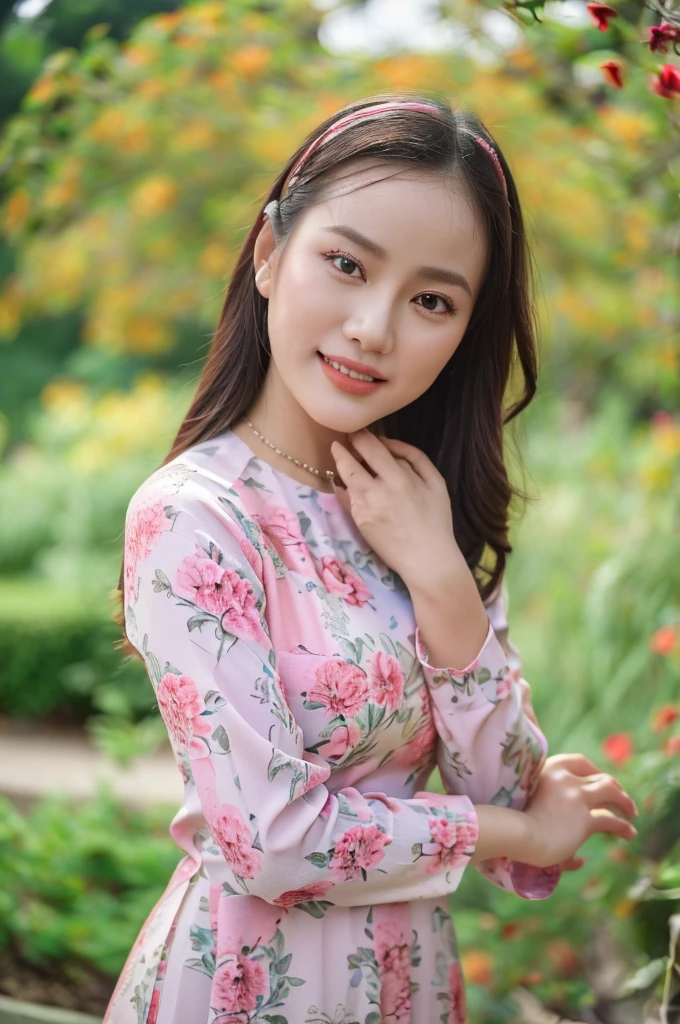 (best quality,4k,8k,highres,masterpiece:1.2),ultra-detailed,realistic,close-up portrait of an Asian girl wearing orange Vietnamese Ao Dai and white pants,beautiful detailed hair,lively colors,graceful pose,elegant atmosphere,vibrant flowers,soft sunlight,nostalgic vibes,sunlit cobblestones, ancient street,ancient architecture.