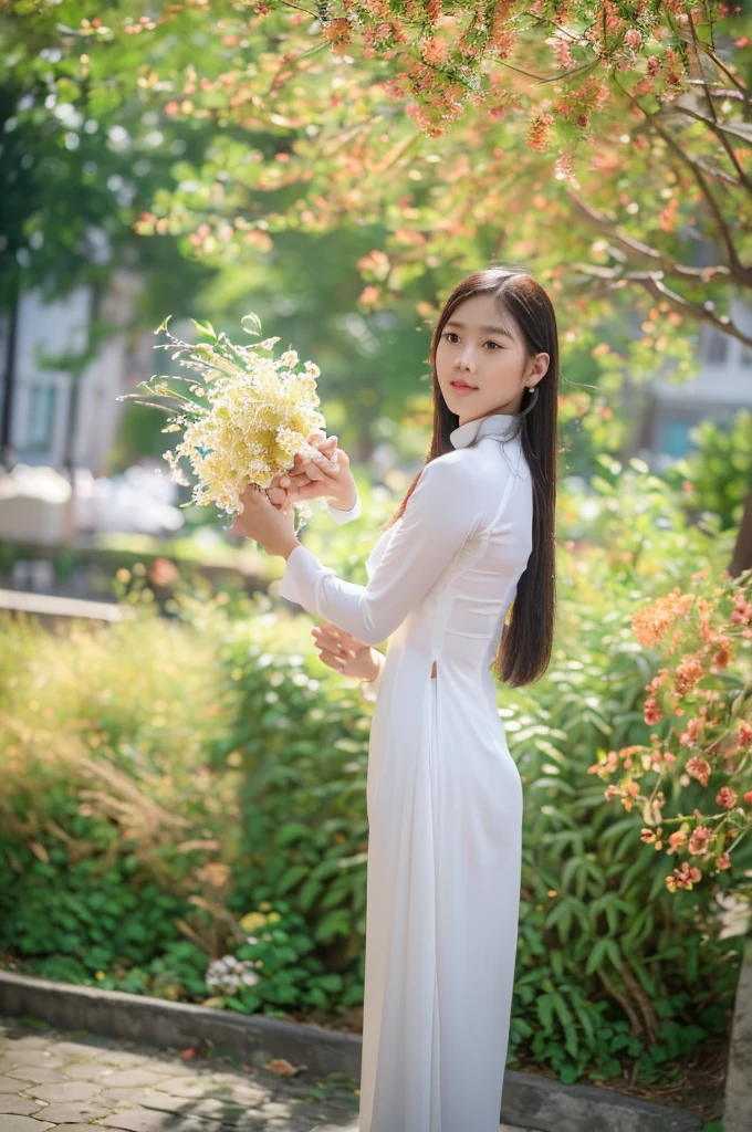 (best quality,4k,8k,highres,masterpiece:1.2),ultra-detailed,realistic,close-up portrait of an Asian girl wearing orange Vietnamese Ao Dai and white pants,beautiful detailed hair,lively colors,graceful pose,elegant atmosphere,vibrant flowers,soft sunlight,nostalgic vibes,sunlit cobblestones, ancient street,ancient architecture.