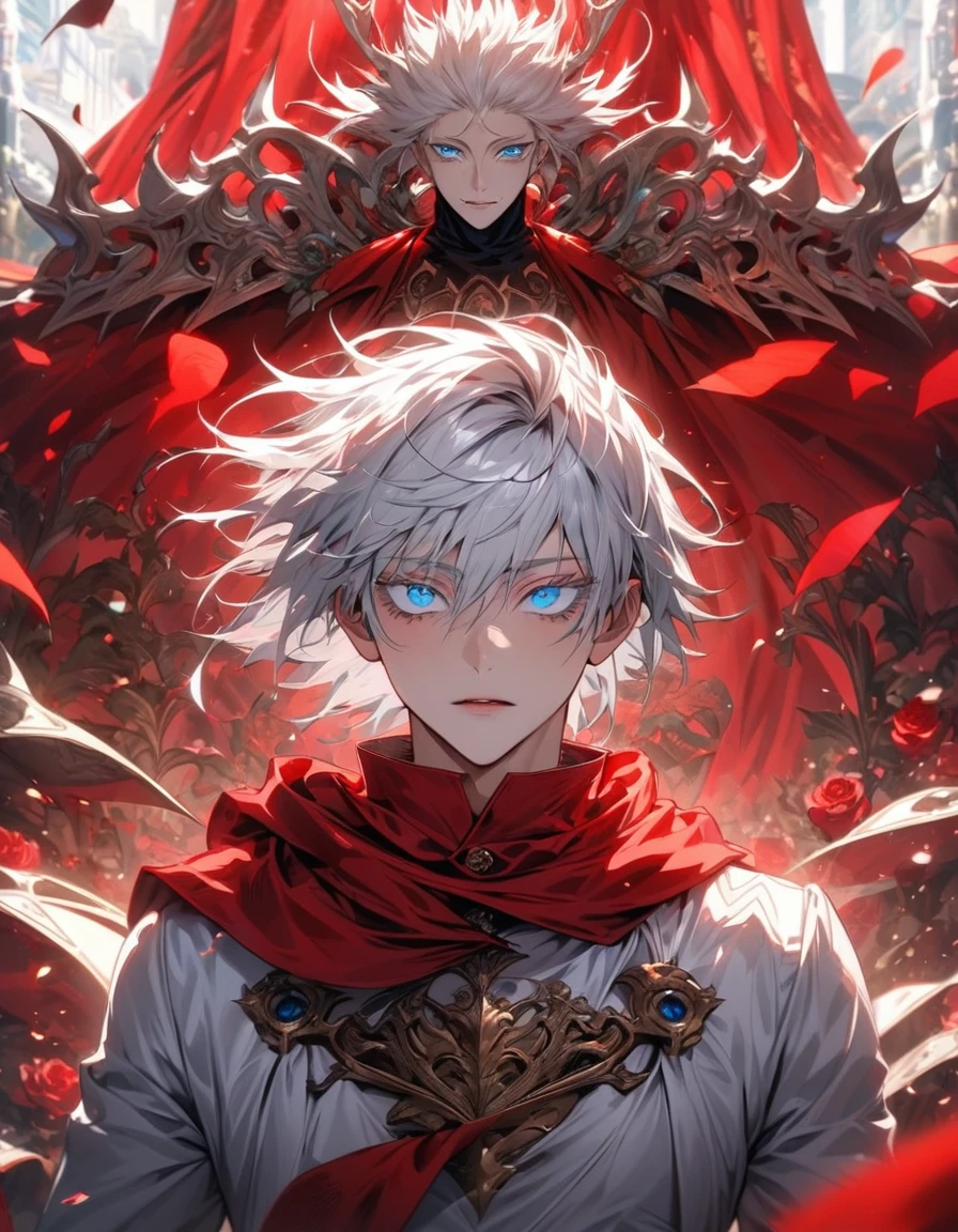 absurdres, highres, ultra detailed, HDR, masterpiece, extremely detailed face and eyes, beautiful eyes, perfect face, beautiful features, Gojo Satoru, expressive blue eyes, white eyelashes, white hair with bangs, hair between the eyes, Jujutsu Kaisen, solo, man, handsome, in a fantasy world, red roses, red curtains, shining red lights, fantasy white prince clothes, red cape, patterns