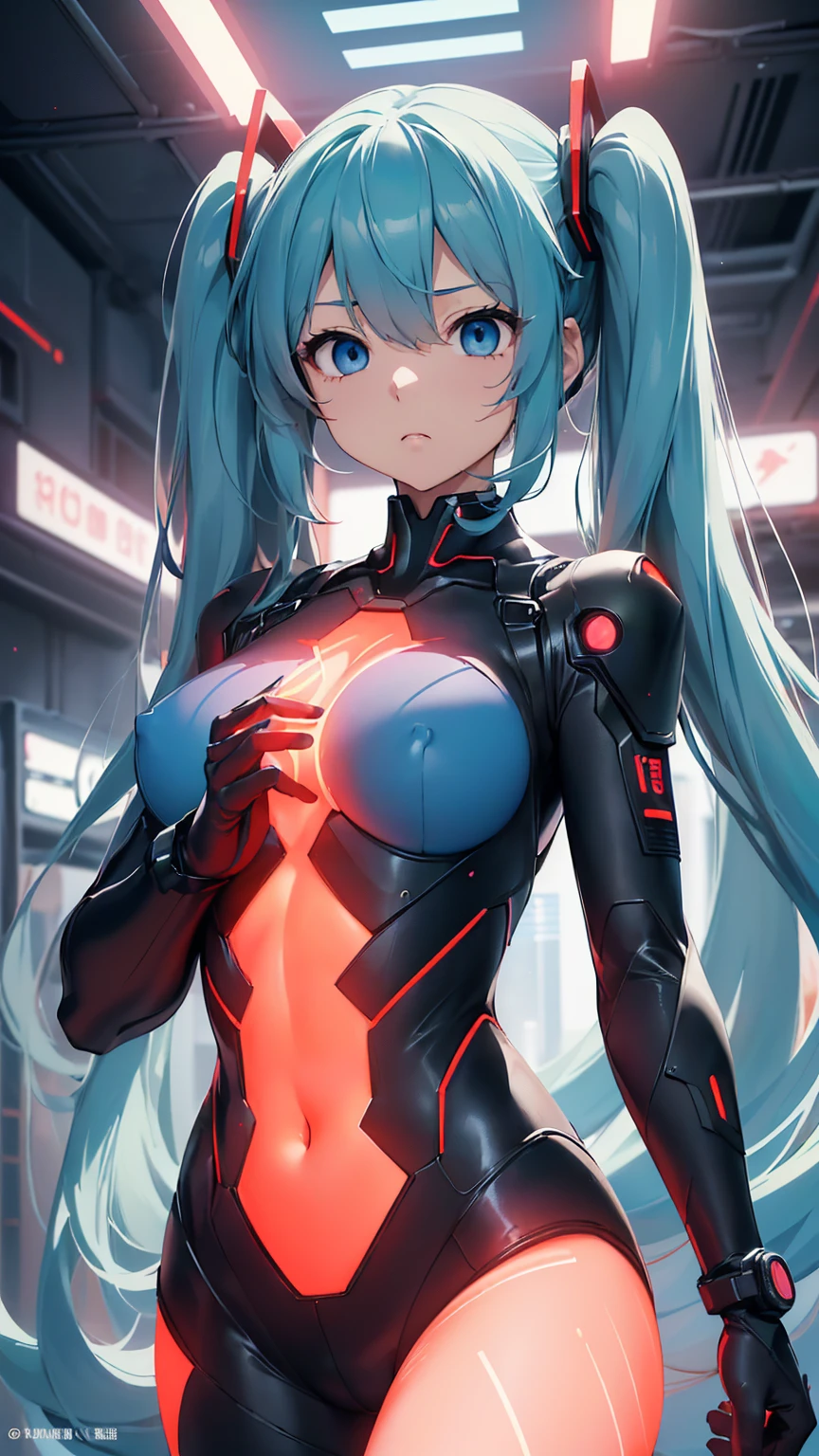 最high quality、Best image quality、masterpiece、Hatsune Miku VOCALOID、、Android Girl((18-year-old、red, A glowing black and blue cyber suit、Blue energy source on chest,Best Bust、Big Breasts、Bust 90、Twin tails、Light blue eyes、Light blue hair、Open your chest wide、valley、happiness、Slender、Shy face、Tight-fitting inner suits、Please stand in front、Countless cable connections throughout the body、Particles of light、Sharp clawed arms))high quality、Beautiful art、background((Research Facilities、Neon color、Cyber World、red lighting))、Tabletop、Exquisite design、Visual Arts、Feature films、depth(The rampaging android army)
