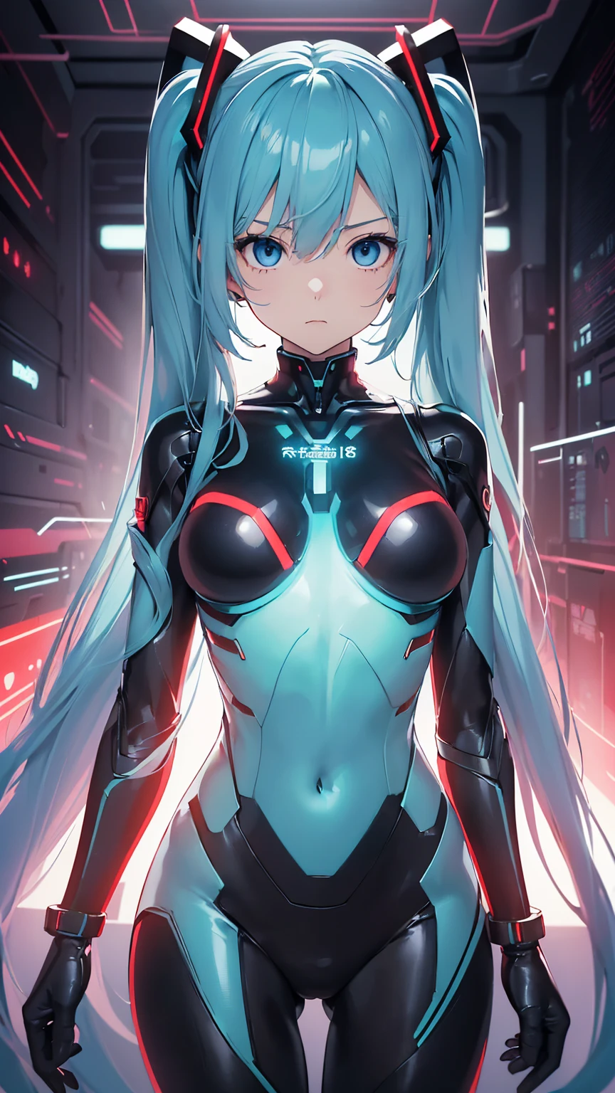 最high quality、Best image quality、masterpiece、Hatsune Miku VOCALOID、、Android Girl((18-year-old、red, A glowing black and blue cyber suit、Blue energy source on chest,Best Bust、Big Breasts、Bust 90、Twin tails、Light blue eyes、Light blue hair、Open your chest wide、valley、happiness、Slender、Shy face、Tight-fitting inner suits、Please stand in front、Countless cable connections throughout the body、Particles of light、Sharp clawed arms)）high quality、Beautiful art、background((Research Facilities、Neon color、Cyber World、red lighting))、Tabletop、Exquisite design、Visual Arts、Feature films、depth(The rampaging android army)