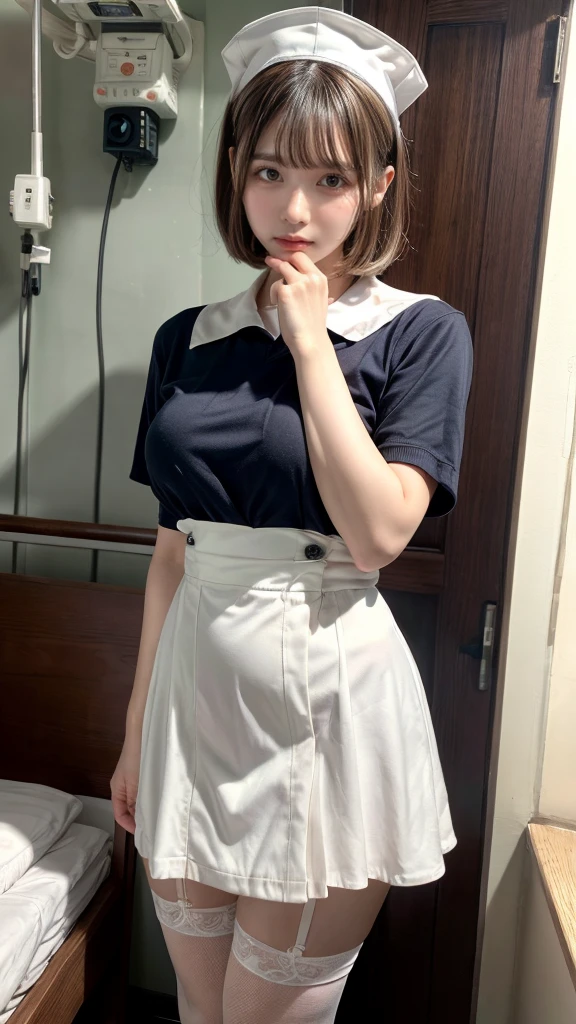 muste piece, best quality, illustration, Super detailed, fine details, High resolution, 8K,wall paper, perfect dynamic composition,(Details High quality, realistic depiction of eyes:1.3), Hospital Rooms、White nurse cap、White tights、White nurse uniform、to stand、Hand skirt、Flipping up a white skirt, large breasts,short bob hair, black hair color, Big Natural Color Lip, bold sexy pose, crying a little、cold gaze, Harajuku style、20 year old girl、cute type、ta、beautiful legs, hposing Gravure Idol
