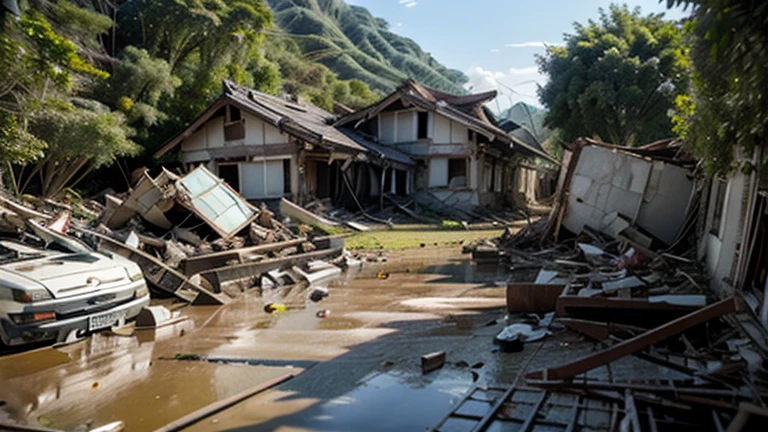 Early morning vision after the 0403 earthquake disaster in Hualien, Taiwan: Close-up of the ruins after the disaster,broken building dynamics: The camera slowly zooms out,Shows sound effects across the affected area: Narration of early morning birdsong and the distant honking of rescue vehicles: "after disaster,What we see is the unity and reconstruction of countless people。"