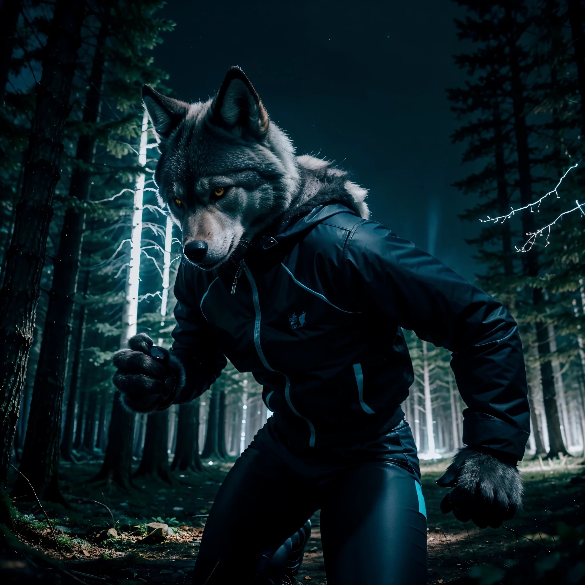 Grey furred anthro wolf with glowing cyan-blue eyes. athletic figure. dynamic pose, humanoid hands, black jacket, forest, nighttime, ambient lighting, blue lightning