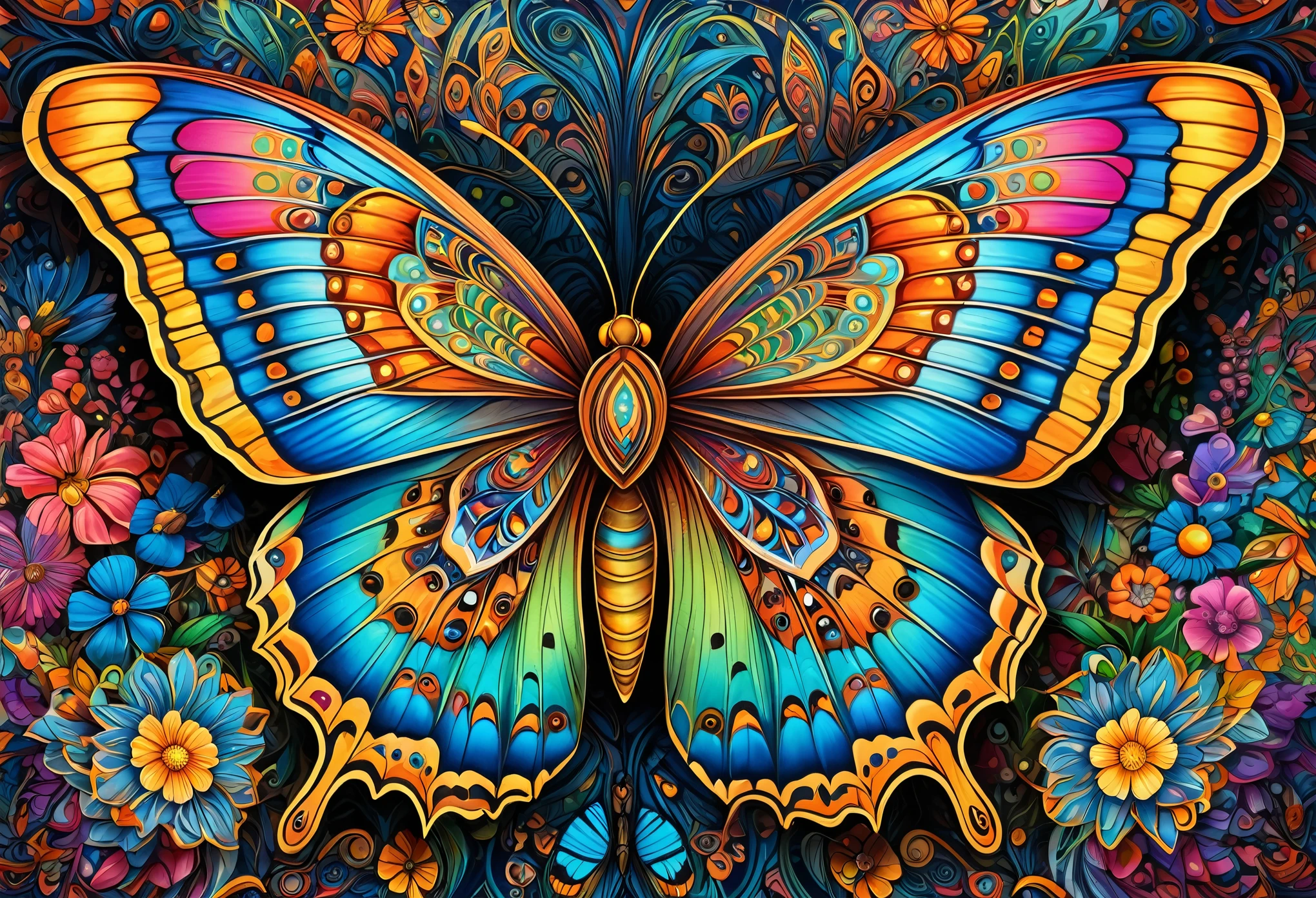 butterfly with flowers and butterflies on it's wings, Detailed drawings by Mario Dubski, Shutterstock Contest Winner, Psychedelic Art, Very complex and colorful, bright colors Very detailed, colorful!! Very detailed, 非常に詳細でcolorful, harmony of butterfly, Richly detailed colors, hyperdetailed colorful, Colors with attention to detail, butterfly, Very detailed and colored