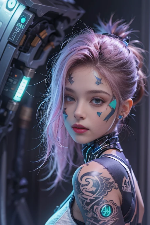 Realistic picture 8k，Chicks with tattoos,hips up,Girl in futuristic cybernetic costume，