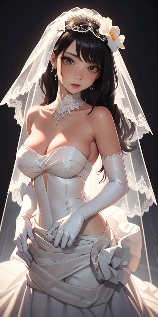 Close-up of beautiful bride wearing beautiful wedding dress, Gurwitz, (bridal veil:1.5), (Transparent short veil:1.5), Blushing face, head flower, headgear, (tube top wedding dress: 1.5), (Silk dress: 1.2) (Strapless wedding dress: 1.5) pure white dress, necklace, earrings, (large breasts:1.3), Deep V peach heart collar wedding dress, bangs, lipstick, (lace gloves: 1.3), whole body, high detail RAW color art, Long white dress, whole body, place your hands behind your back