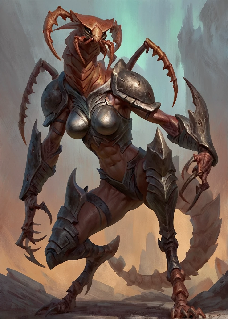 Insectoid, scorpion, comic book style, illustration, solo, ferocious, female, [[badass pose]], torn armor, masterpiece, best art, full body, by taran fiddler, detailed eyes, detailed body, claws, feminine body shape, fantasy, tall, pincers, stinger, carapace, chitinous body, mandibles, abs, breasts,