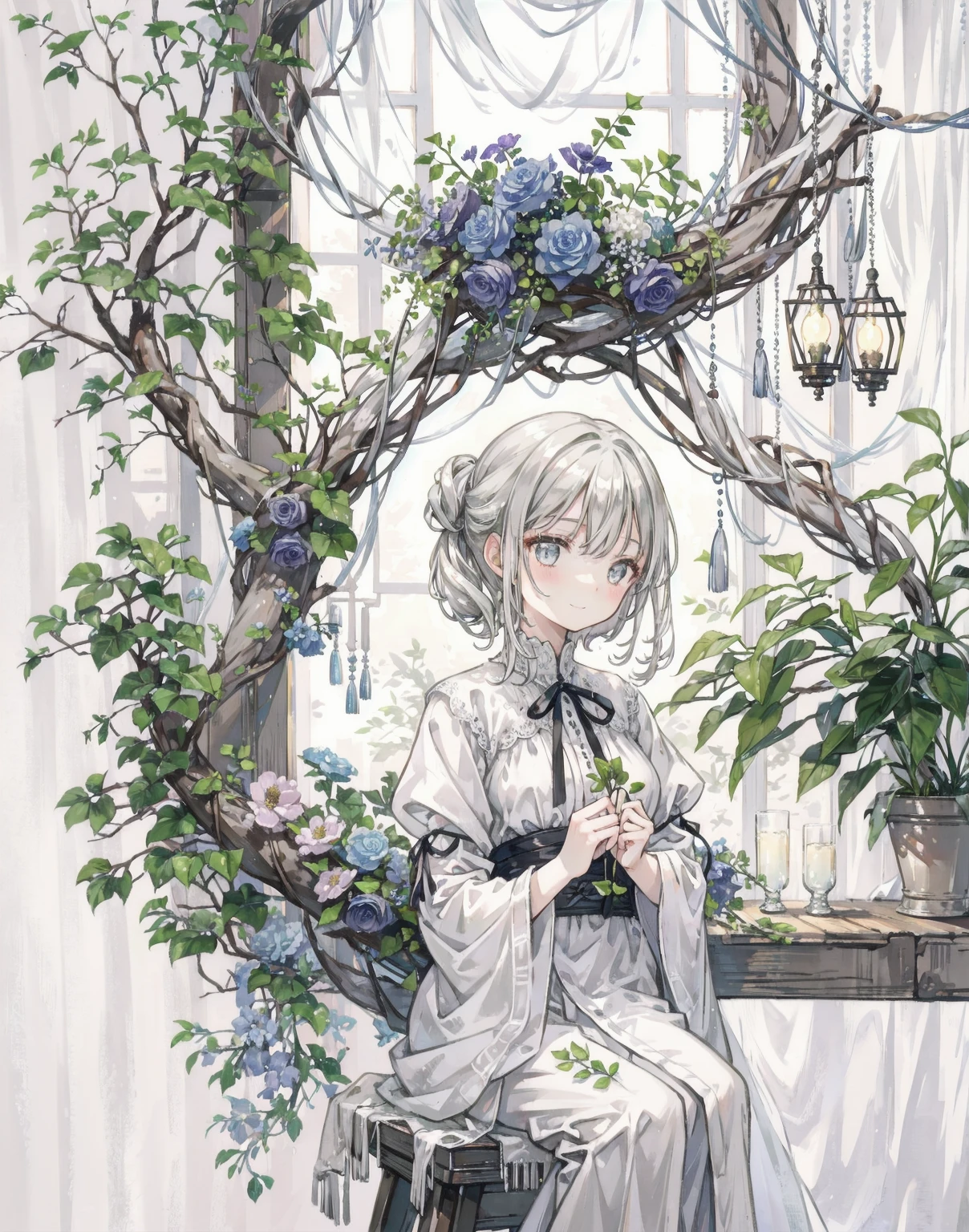 cinematic lighting, gentle smile, upturned cheeks, slightly shining silver gray hair, coquettish hair, half up do, silky luster, plants, flowers, spring ephemerals, lamps,