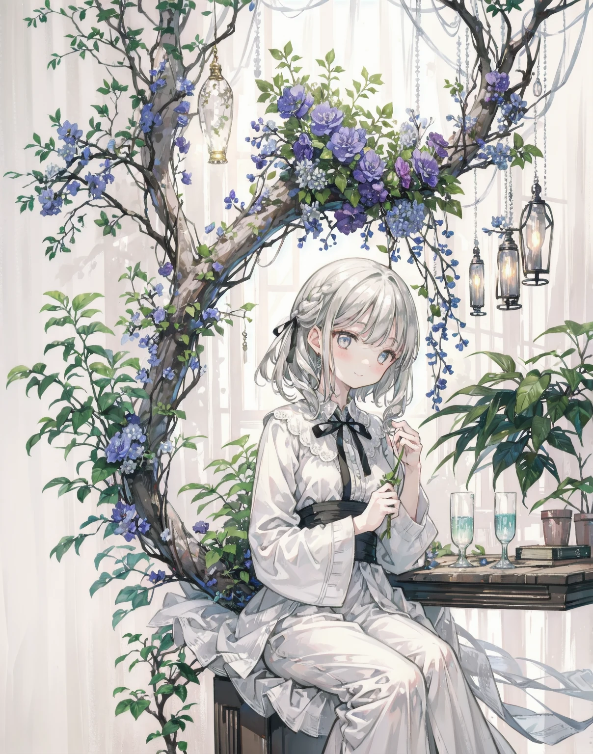 cinematic lighting, gentle smile, upturned cheeks, slightly shining silver gray hair, coquettish hair, half up do, silky luster, plants, flowers, spring ephemerals, lamps,