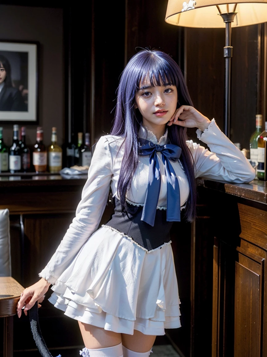 (1 lady), (Best quality at best:1.4), (ultra - detailed), (extremely detailed CG unified 16k), A Beautiful Woman with Perfect Figure: 1.4, Sharp Focus: 1.2, purple hair, very detailed, High-definition RAW color photo, professional photoshooting, amazing face and eyes, cosmetics, (amazingly beautiful girl), ((frederica bernkastel)), ((dress, bowtie, mary janes, socks, cat tail, tail bow, tail ornament)), standing, sexyposture，(Dark and stylish bar, drinks, lamp lights, lamp lights:1.3), (look from down), realistic cinematic face, head to feet long wide zoomed out view, full body long view, photorealistic, ((realistic natural purple hair style, purple eyes)), gorgeous, extremely beautiful face, perfect model beauty, pout mouth, Highly Detailed Face and Skin Texture, Detailed Eyes, Double Eyelids, Big Breasts, Smile, flirting smile, cleavages, western, (masterpiece), best quality, high resolution, extremely detailed, blurred background, depth of field, cinematic lighting, amazing legs, high heels, clear and well-cared skin,