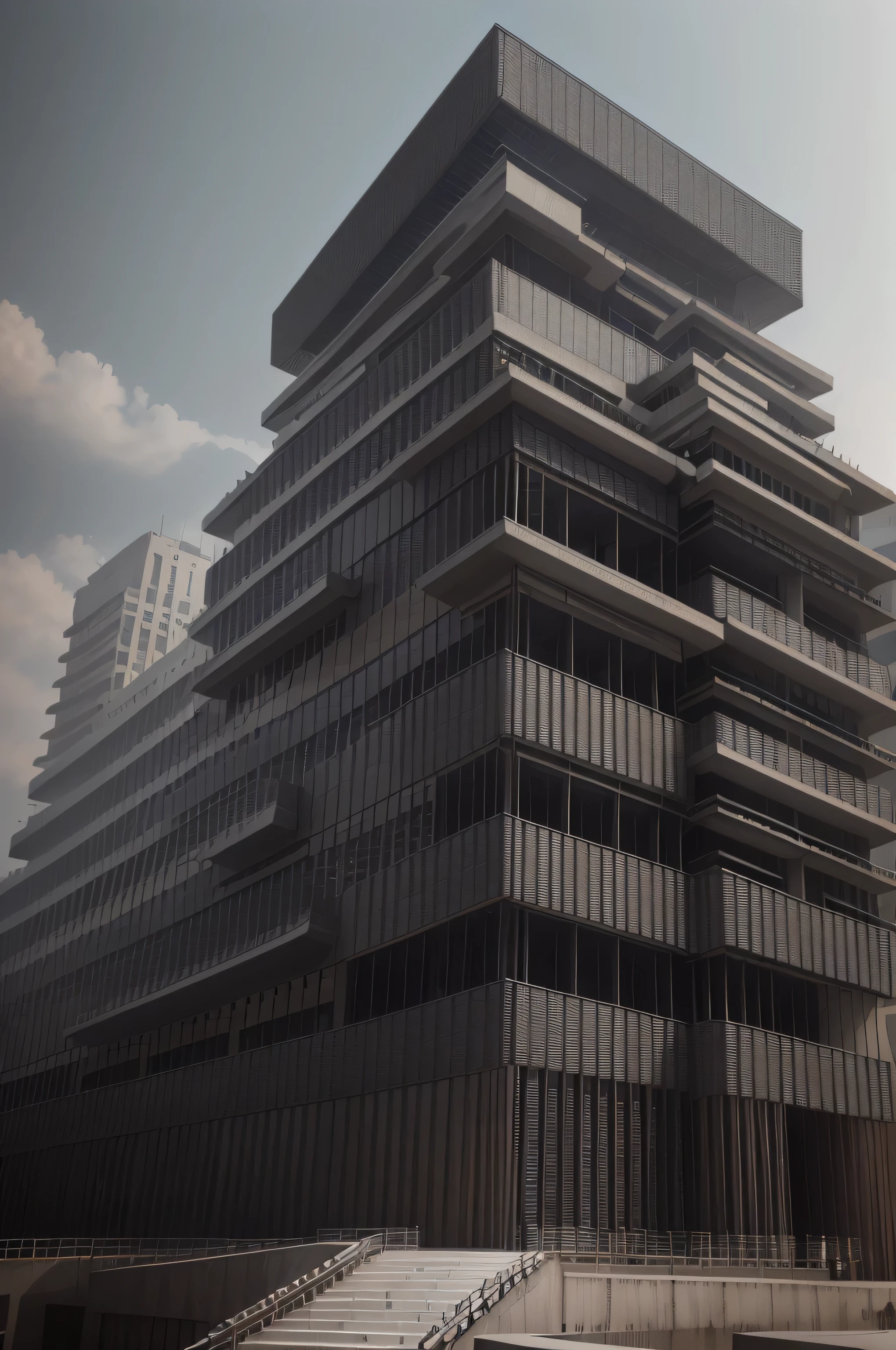 In the heart of China, an epic modern building stands proud against the backdrop of majestic mountains. This masterpiece, captured in breathtaking detail, epitomizes cinematic grandeur. Best quality and ultra high resolution, 16K UHD, define every intricate line and raw photo-realistic texture, showcasing a photorealistic 1.4 representation of reality. Sharp rendering brings the building's towering heights and intricate architectural details to life. Captured by the skilled lens of Lee Jeffries, this high definition image features a raw, unfiltered view of the building's beauty, celebrating modern construction and the raw power of nature in perfect harmony.