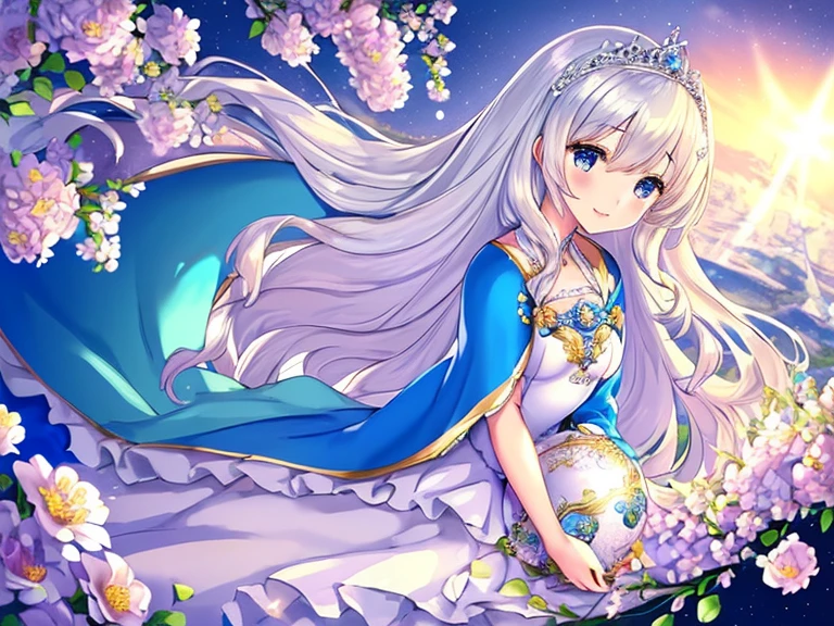 kawaii, best quality,(long train blue cape:1.1),(long train white ball gown with flowers:1.1), a girl is wearing a cape over her dress, anime style, rococo style, little princess, tiara, kind smile, very long hair, small breast, beautiful detailed eyes, beautiful detailed lips, perfect fingers, masterpiece