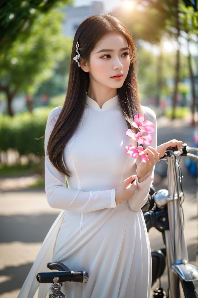 (best quality,4k,8k,highres,masterpiece:1.2),ultra-detailed,realistic,close-up portrait of an Asian girl wearing pink Vietnamese Ao Dai and white pants,beautiful detailed hair,lively colors,graceful pose,elegant atmosphere,soft sunlight, sunlit cobblestones, ancient street, ancient architecture.