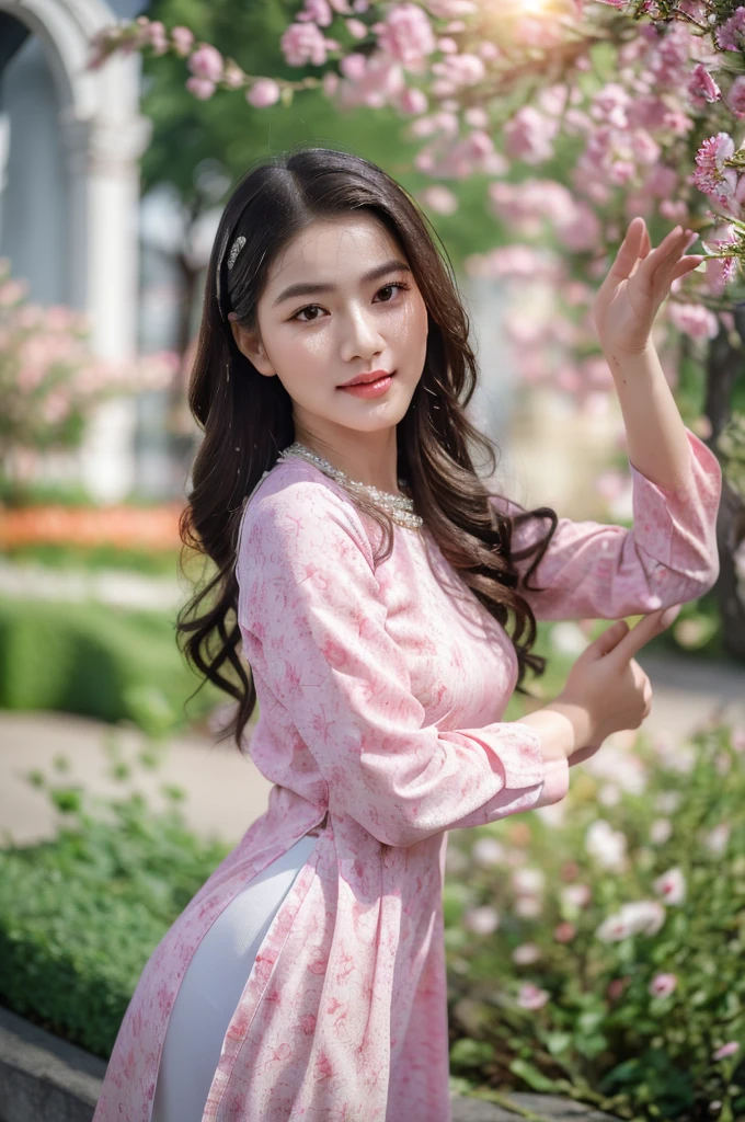 (best quality,4k,8k,highres,masterpiece:1.2),ultra-detailed,realistic,close-up portrait of an Asian girl wearing pink Vietnamese Ao Dai and white pants,beautiful detailed hair,lively colors,graceful pose,elegant atmosphere,soft sunlight, sunlit cobblestones, ancient street, ancient architecture.