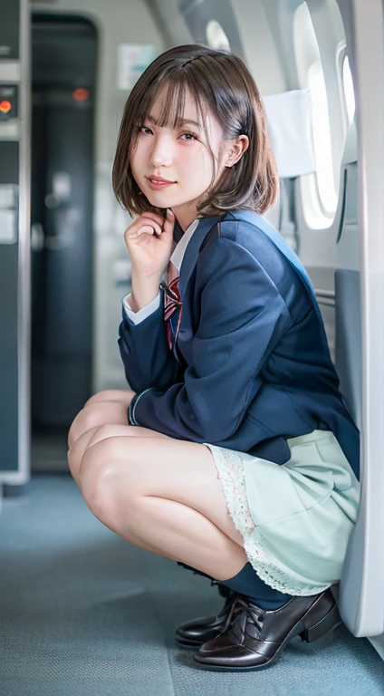 ((((Whole body 1.4)))),Body facing the viewer、Front shot,Small breasts、squat、Panty Shot,White panties visible、highest quality, 8k, -yeld st, RAW Photos, Absurd, Award-winning portraits, mouth, alone, night, neon, Idol'Face, Viola Lace, Gardenia, Delicate girl, Digital single-lens reflex camera, Looking at the audience, Frank, Sophisticated, Zola々right, Thin arms, Professional Lighting, Film Grain, chromatic aberration, (Eye and facial details:1.0), (Bokeh:1.1) , ,short hair、Cabin Attendant Costume,Cabin attendant uniform mini skirt,Bare legs,Inside the plane