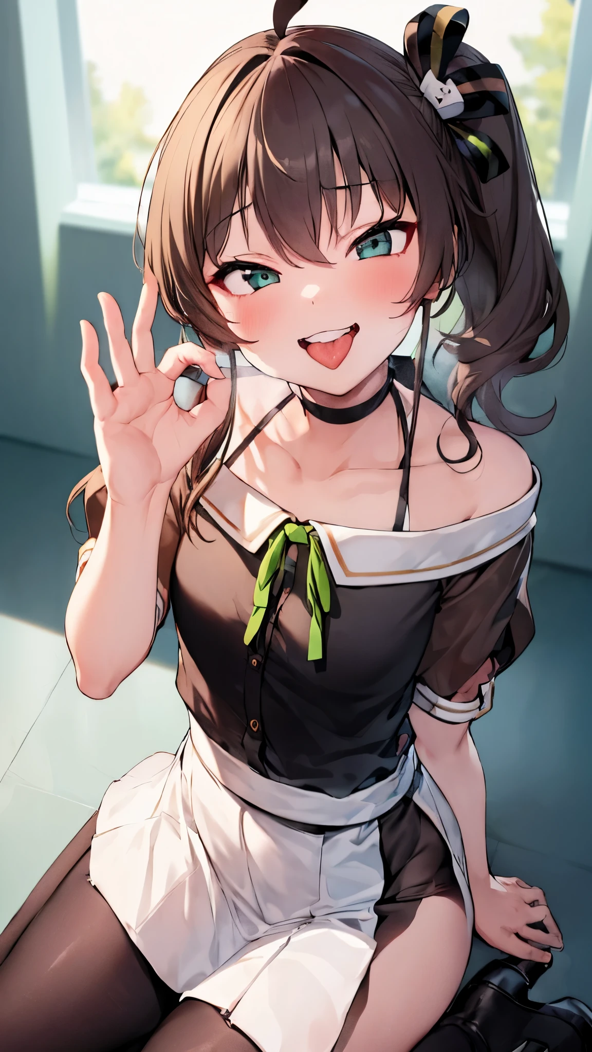  ((((Open your mouth))))、masterpiece,highest quality,High resolution,Very detailed,bb Festival,meだium hair,skinny,Ahoge,Brown Hair,(((((  Captivating smile ))))),skinny,Hair between the eyes,bangs,Hair Ribbon,Black Choker,Earrings,Black Ribbon,plaiだ shirt,Grey Shirt,shoulだer cutout,Short sleeve,See-through sleeves,Black Skirt,High Waist Skirt,Race,(((( Perfect Fingers )))) ,  shoes下,(black shoes下:1.4),Race trim,shoes,Black footwear,indoor,(Cafe:1.2),((Blowjob Gestures:1.5))、Open your mouth ,Sitting,Chair,Heavy breathing ,Hand in front of your mouth,Hand in front of mouth,