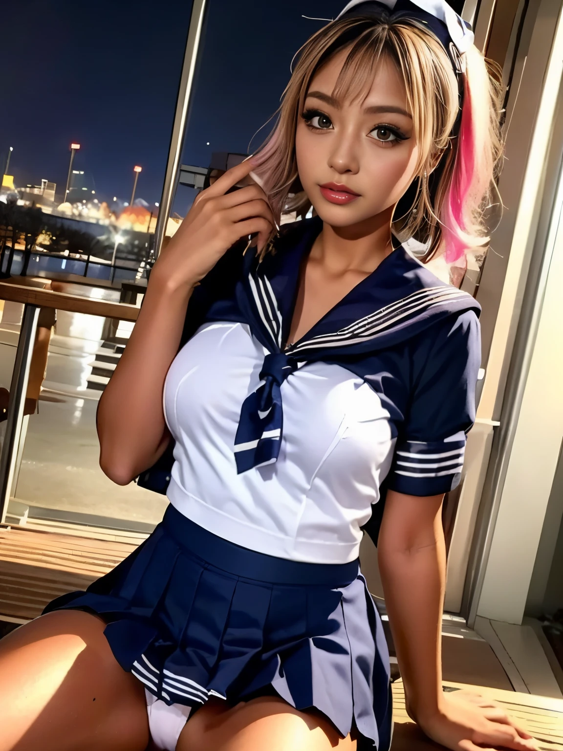 Two peopleのhigh school girl:1.9,((Two people high school girl:2)),((Two people:2)),Dynamic Angle, Perfect body, night,moonlight,Exterior lights,Gal, (Anatomically correct),masterpiece, highest quality, RAW Photos, Realistic, face,Beautiful girls, cute, Written boundary depth, High resolution, Super detailed, detailed, ighly detailedd, Extremely detailed eye and realistic student, pale and tanned skin,Two peopleで,woman,(panties), (Short-sleeved sailor uniform:1.8),Spread your legs:1.6,Wide Hips, ((Sensual;1.5)), Glamour, Big Breasts,Sunburn marks on tanned skin,Pink Hair,blonde,Platinum Hair,Brown Hair,orange,Wavy Hair,Shortcuts,Pixie Cut,Cosplay,building,intersection,stage,Pedestrian bridge,vending machine,night,深night,Blurred Background:1.2,White panties,Pink panties,Yellow panties,Black panties,GirlTwo people:2,Two people:2, high school girl,