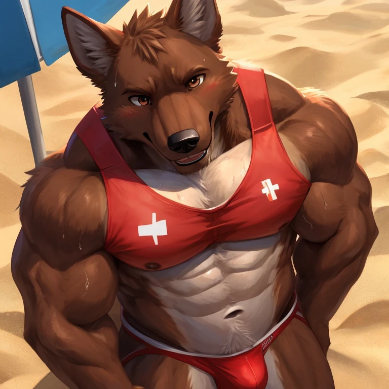 POV,top angle,sleep on stomach,lats,trapezius,butt lift,kemono, anthro (brown dog), male, (brown dog), muscular, back, red body, white belly ,sweat, ((correct anatomy)), sit on chair, beach, perfect beach background, 1 boy, solo, wearing jockstrap, pain expression, canine tooth, hd, dark shadows, wide dynamic range, hdr, low light:1.2, front view, full body, canid, canine, canis, domesticbrown dog mammal, nordic sled brown dog, fullbody, full res, smile, lifeguard, wearing Tank top