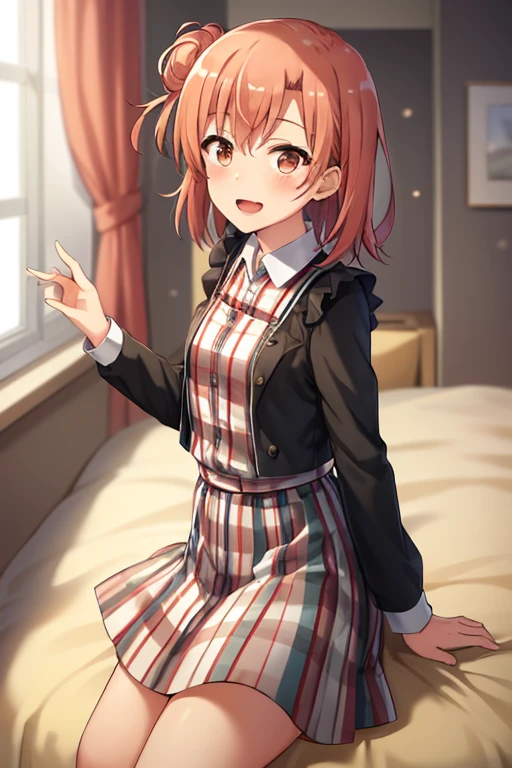 ((highest quality)), ((masterpiece)), (be familiar with), Perfect Face, indoor, Bedroom, Watching the audience,
One woman, Yuigahama Yui,
Open Mouth, Ecstatic expression, blush, smile,
Small breasts, Flat Chest, Young Girl, , , Girl,
Short Hair, Salmon-colored hair, Salmon-colored eyes, Side Pony,
Leg spread,