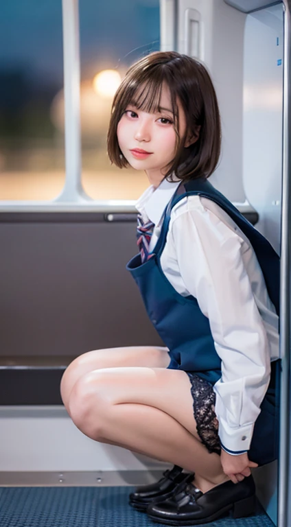 ((((Whole body 1.4)))),Body facing the viewer、Front shot,Small breasts、Squat with your knees up、Panty Shot,White panties visible、highest quality, 8k, 15-year-old student, , RAW Photos, Absurd, Award-winning portraits, mouth, alone, night, neon, Idol'Face, Viola Lace, Gardenia, Delicate girl, Digital single-lens reflex camera, Looking at the audience, Frank, Sophisticated, Zola々right, Thin arms, Professional Lighting, Film Grain, chromatic aberration, (Eye and facial details:1.0), (Bokeh:1.1) , ,short hair、Cabin Attendant Costume,Cabin attendant uniform mini skirt,Bare legs,Inside the plane