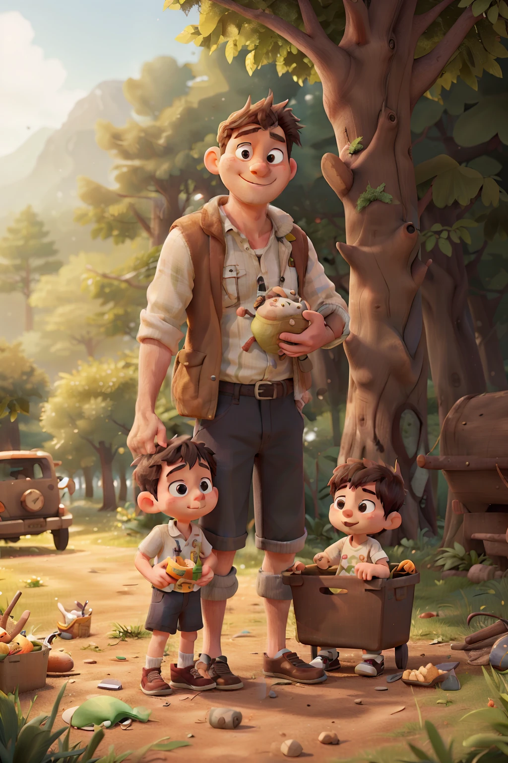 Dad with baby,Picnic in the forest