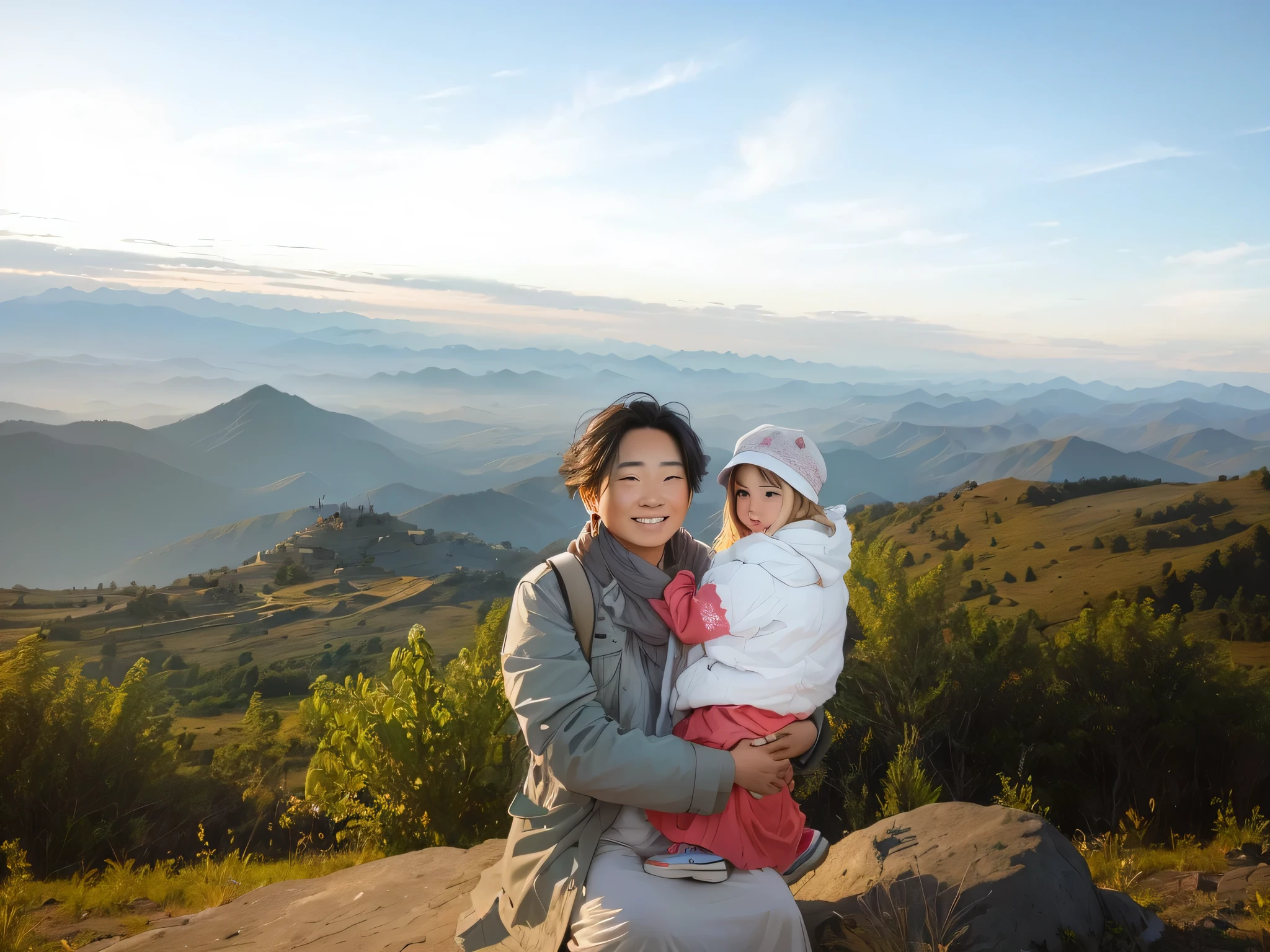 There was a woman and a man sitting on a rock., โดยThere are mountains in the background., โดยThere are mountains in the background., sitting cutely on the mountain, There are mountains in the background., , on the mountain, with children, in the mountains, with the sunset, mountains in the background, at sunrise, on the mountain, With the world behind
