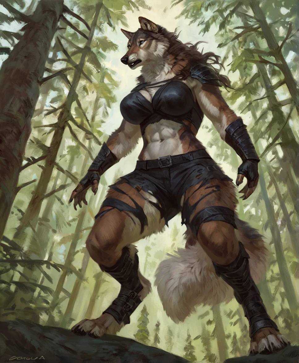 Female wolf, comic book style, illustration, solo, abs, covered breasts, concentrated expression, feminine body, masterpiece, best art, full body, digitigrade, by oouna, by taran fiddler, torn shorts, torn shirt, torn leather armor, detailed hands, tall, detailed eyes, large tail, detailed torso, low angle view, forest, pain expression, transforming, yelling