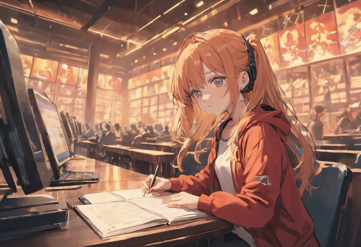 A high school girl studying while listening to music with headphones