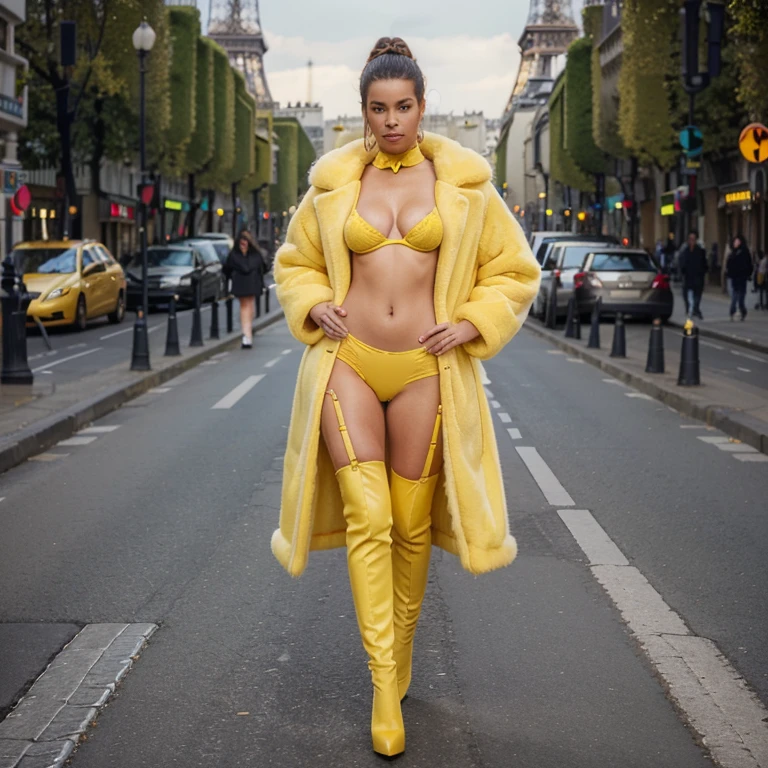 beautiful gorgeous cute sexy, wearing a gigantic super fine thick soft yellow oversized fur coat with massive fine fur collar, full body shot, Yellow G-string, yellow bra, white stockings, black high heels, hands in pockets, walking in street eiffel tower paris ultra UHD detailed image, photo ultra realistic UHD,8K