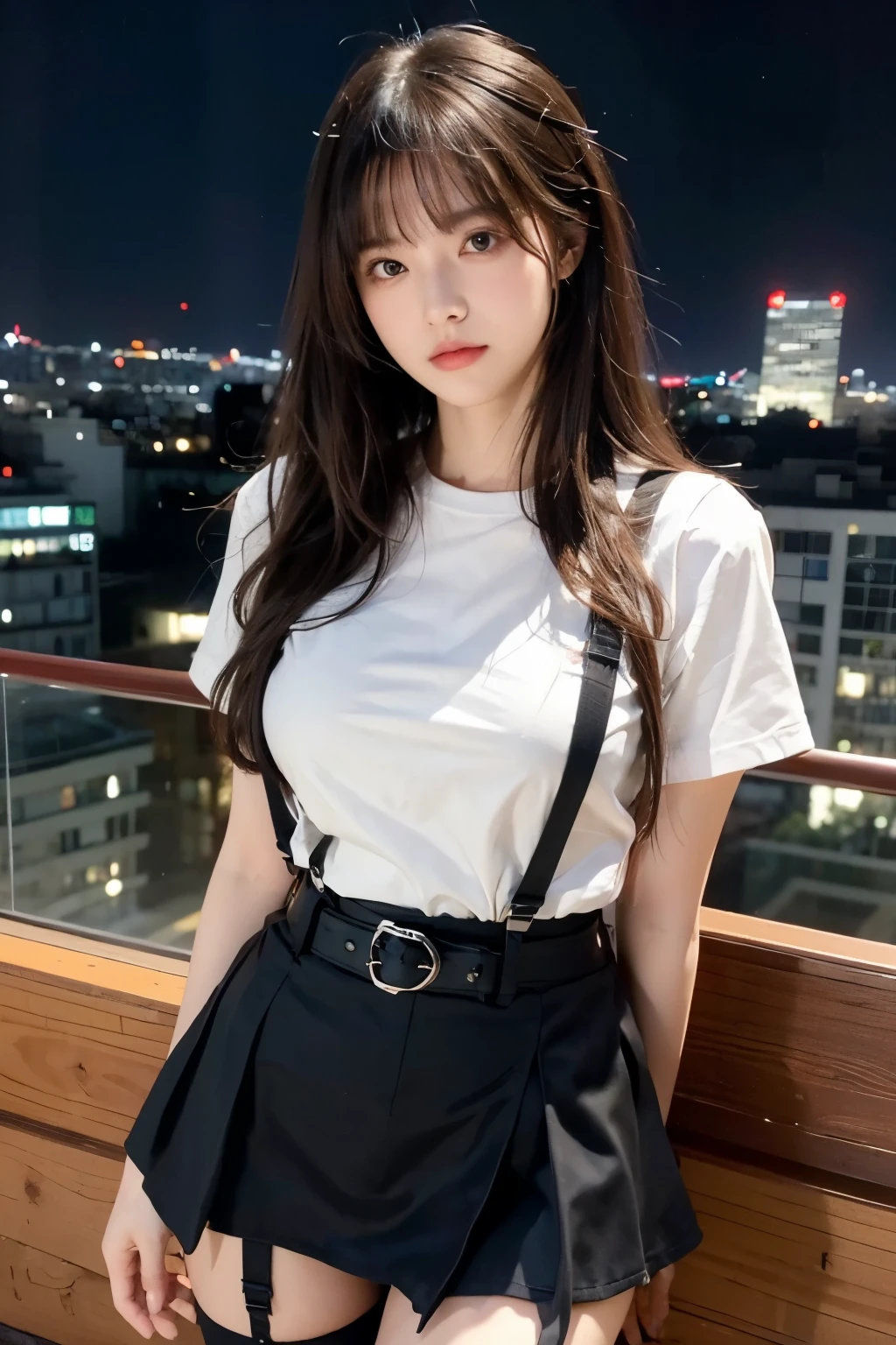 ((Midnight, highest quality, 8k, masterpiece :1.3)), whole body, Long legs, Sharp focus :1.2, Beautiful woman with perfect figure :1.4, Slim Abs :1.1, ((Dark brown hair, Big Breasts :1.2)), (White tight T-shirt, Jean Bib, Are standing:1.2), ((Night city view, rooftop:1.3)), Very detailedな顔と肌の質感, Fine grain, Double eyelids one girl,highest quality,masterpiece,figure,Very delicate and beautiful,CG,Unity,8k wallpaper,wonderful,In detail,masterpiece,Official Art,Very detailed CG Unity 8k wallpaper,Incredibly absurd,Large file size,Very detailedな,High resolution,Very detailed,Beautiful detailed girl,Realistic,from the front,Outdoor, suspenders Large swollen breasts Black mini skirt garter belt Knee-high socks bangs Beauty Hands up Black boots one person Dress shirt Hands Behind Back put your hands behind your back With your hands behind your back Armament holster A room at the Belt Hotel Bed Wall side