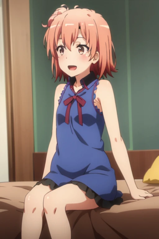 ((highest quality)), ((masterpiece)), (be familiar with), Perfect Face, indoor, Bedroom, Watching the audience,
One woman, Yuigahama Yui,
Open Mouth, Ecstatic expression, blush, smile,
Small breasts, Flat Chest, Young Girl, , , Girl,
Short Hair, Salmon-colored hair, Salmon-colored eyes, Side Pony,
Leg spread,