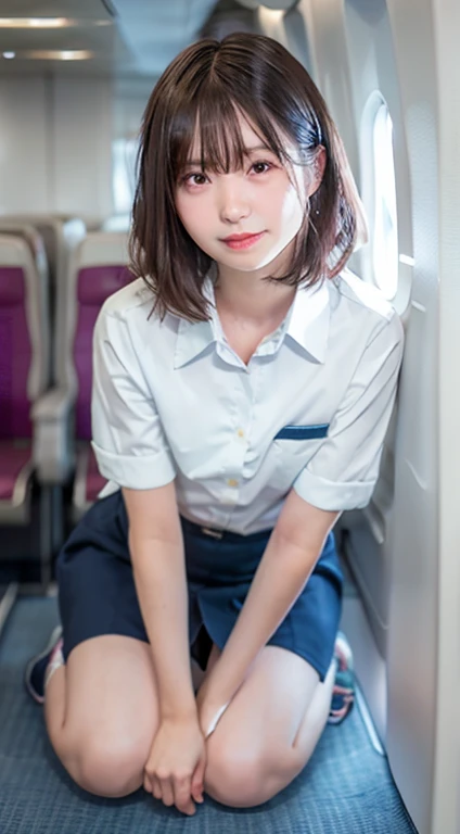 ((((Whole body 1.4)))),Body facing the viewer、Front shot,Small breasts、Sit on your knees、Panty Shot,White panties visible、highest quality, 8k, -yeld st, RAW Photos, Absurd, Award-winning portraits, mouth, alone, night, neon, Idol'Face, Viola Lace, Gardenia, Delicate girl, Digital single-lens reflex camera, Looking at the audience, Frank, Sophisticated, Zola々right, Thin arms, Professional Lighting, Film Grain, chromatic aberration, (Eye and facial details:1.0), (Bokeh:1.1) , ,short hair、Cabin Attendant Costume,Cabin attendant uniform mini skirt,Bare legs,Inside the plane