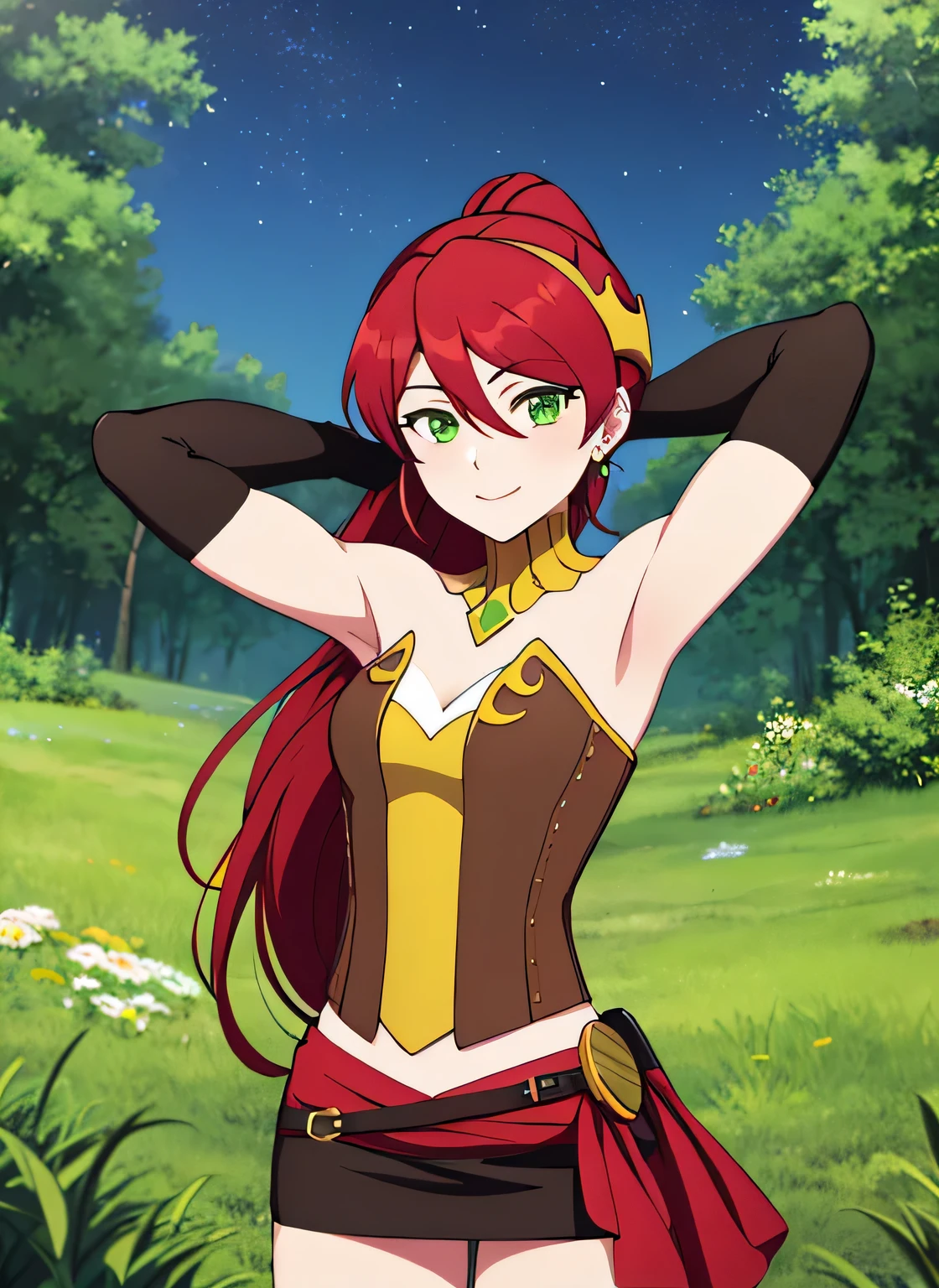 ((best quality)), ((highly detailed)), absurdres, (detailed eyes, deep eyes), (1girl), pyrrha nikos, rwby, red hair, ponytail, green eyes, medium breasts, smiling, circlet, bustier, bare shoulders, skirt, elbow gloves, bracers, solo, (cowboy shot:1.5), night sky, forest, arms behind head, contrapposto, shy smile, spread armpits, shy smile, looking at viewer,