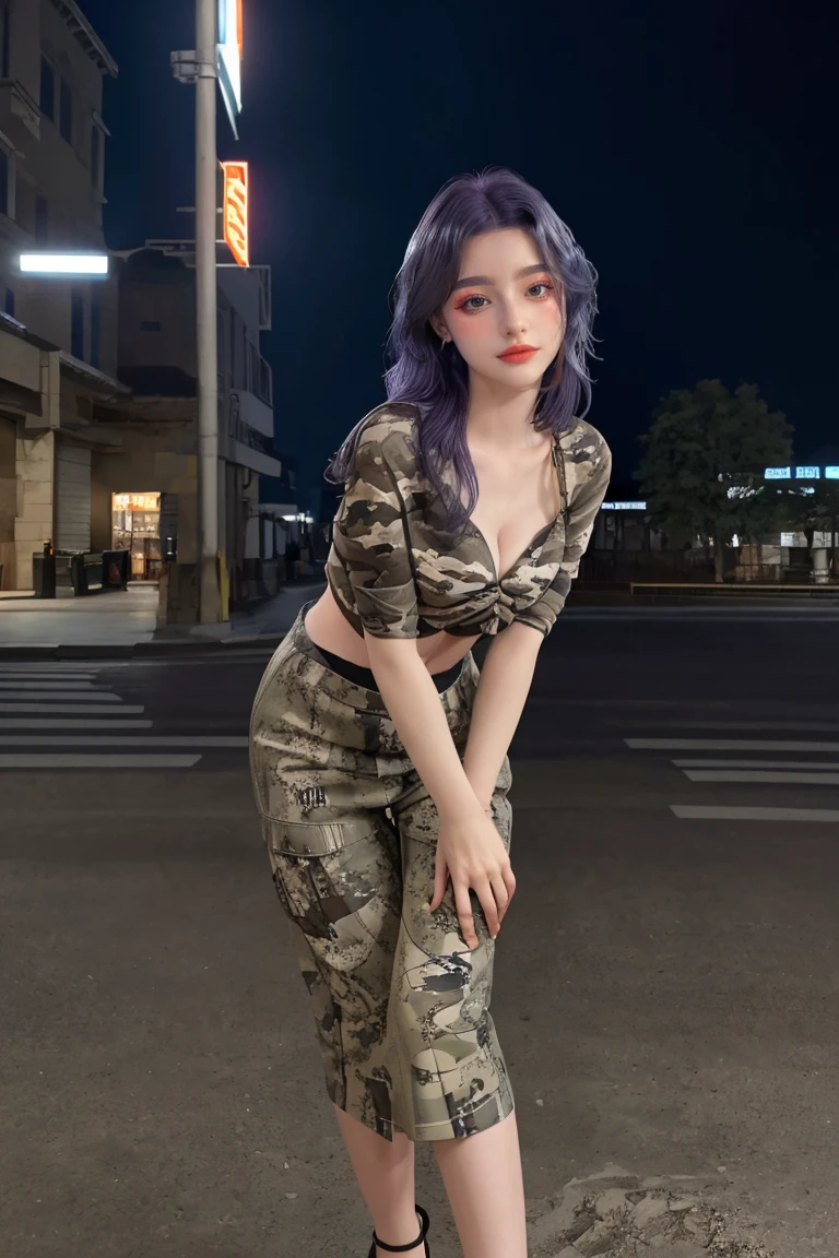 (1 lady), (Best quality at best:1.4), (ultra - detailed), (extremely detailed CG unified 16k), A Beautiful Woman with Perfect Figure: 1.4, Sharp Focus: 1.2, purple hair, very detailed, High-definition RAW color photo, professional photoshooting, amazing face and eyes, cosmetics, (amazingly beautiful girl), ((Kotomi)), ((m65 woodland camo shirt and skirt)), standing, sexyposture，(Night and stylish cathedral outside, city lights, city lights:1.3), (look from down), realistic cinematic face, head to feet long wide zoomed out view, full body long view, photorealistic, ((realistic natural blueish purple hair style, purple eyes)), gorgeous, extremely beautiful face, perfect model beauty, pout mouth, Highly Detailed Face and Skin Texture, Detailed Eyes, Double Eyelids, Big Breasts, Smile, flirting smile, cleavages, western, (masterpiece), best quality, high resolution, extremely detailed, blurred background, depth of field, cinematic lighting, amazing legs, high heels, clear and well-cared skin, (((focus on the girl)))