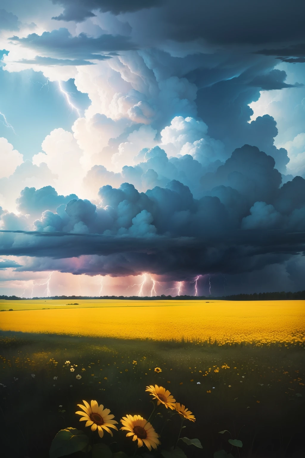 A wild flower field with thunderheads forming on the horizon during a sunny afternoon. Some lightning.