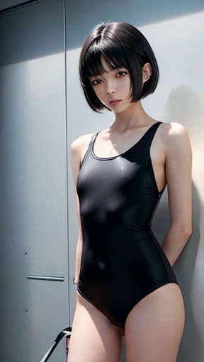 RAW Photos, Japanese, 、Black short bob, Short Hair, asymmetric hairstyle、small size of breasts, Flat Chest、Slim body, Realistic, masterpiece, highest quality,Best Shadow, , Photorealism, Hyperrealism, Only one girl, (Urinating : 1.3), School Swimsuit、Women's locker room、Pointed Chest