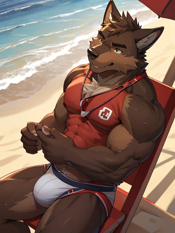 POV,top angle,sleep on stomach,lats,trapezius,butt lift,kemono, anthro (brown dog), male, (brown dog), muscular, back, red body, white belly ,sweat, ((correct anatomy)), sit on chair, beach, perfect beach background, 1 boy, solo, wearing jockstrap, pain expression, canine tooth, hd, dark shadows, wide dynamic range, hdr, low light:1.2, front view, full body, canid, canine, canis, domesticbrown dog mammal, nordic sled brown dog, fullbody, full res, smile, lifeguard, wearing sunglasses, full body