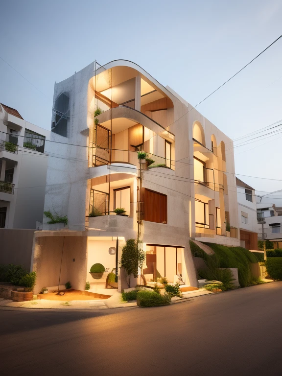(Townhouses in the city ,Close houses and trees), sunlight ( best quality) ((High solution)) ,(( Photo-realistic)) ,warm light, (Clear focus) Modern style townhouse front view,Small house, narrow area,Vietnam,front, Arch,beautiful front,curved window,Narrow ,two floors,mutual color, soft light, Warm atmosphere,high resolution, Super detailed,4K ,vray rendering, Octane Rendering, Surrealism, Photography Expert ,Appearance design , Professional photography, Location Photography,Wide-angle shooting , Ultra Detailed , high resolution , Full frame, whole body，Patio，Healing Space，